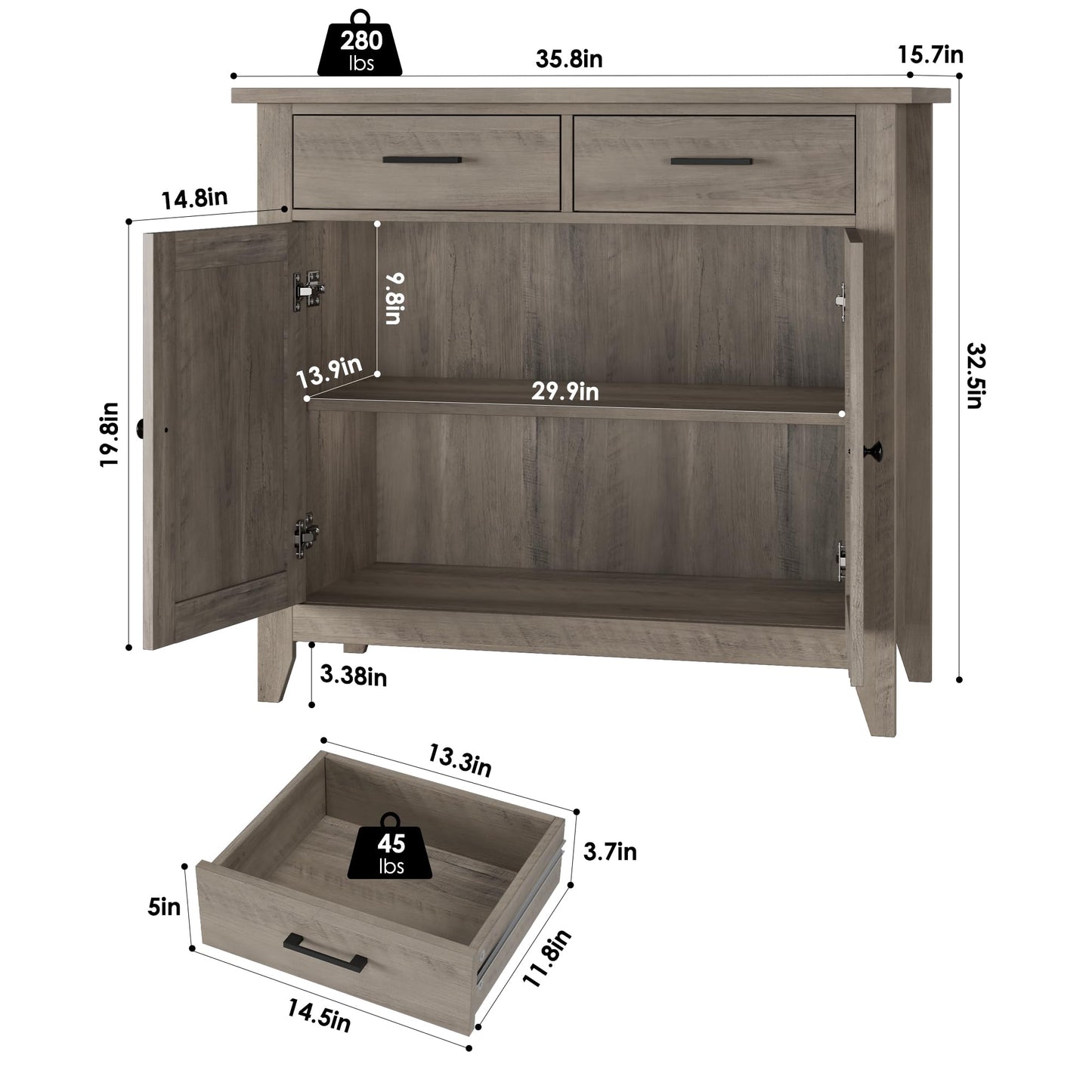 HORSTORS Modern Farmhouse Buffet Cabinet with Storage, Kitchen Sideboard Coffee Bar with 2 Drawers and 2 Doors, Floor Storage Cabinet for Living Room, Dining Room, or Bathroom, Grey
