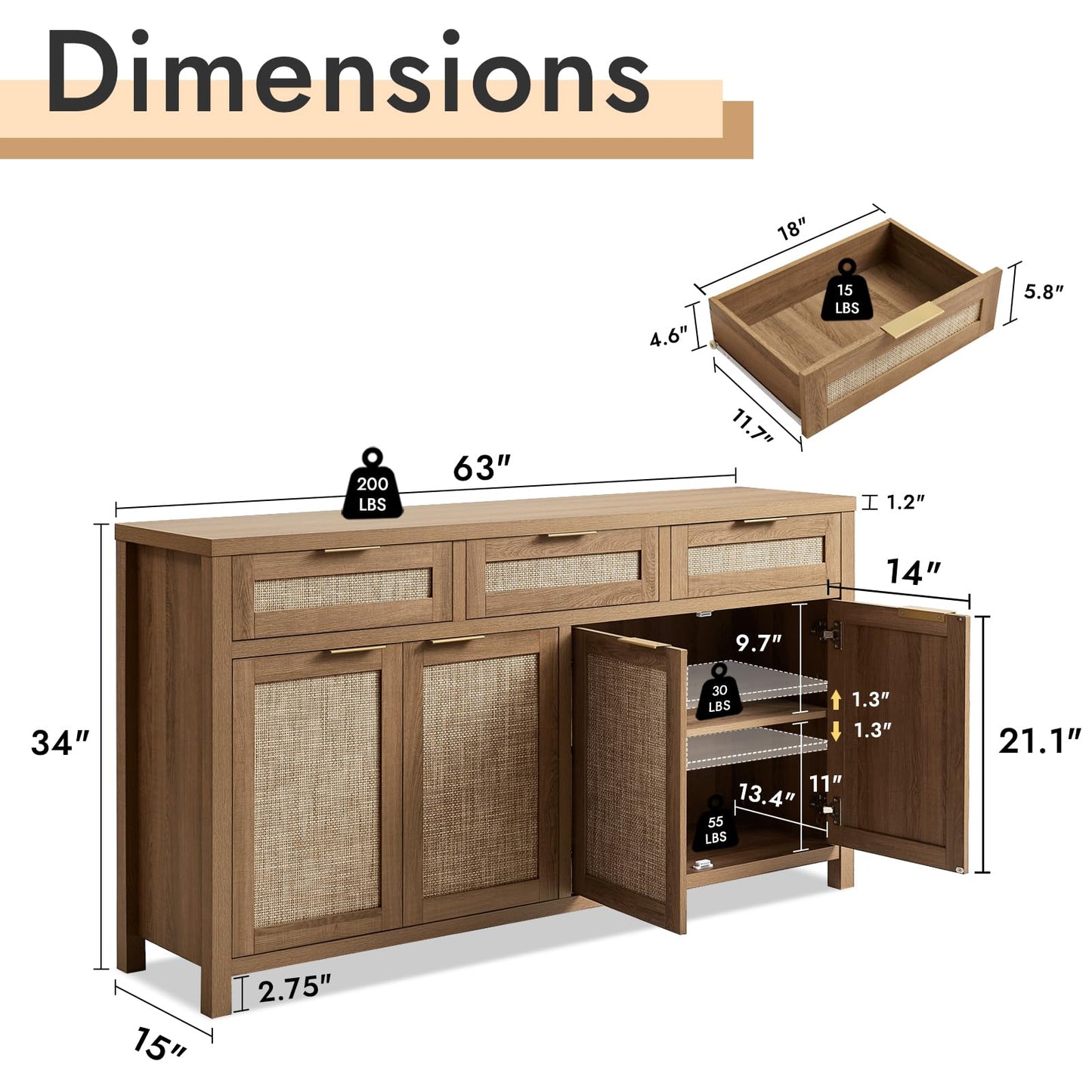 Boho Rattan Sideboard Buffet Cabinet with 4 Doors and 3 Drawers, Farmhouse Storage Credenza with Adjustable Shelves for Living Room, Hallway, or Kitchen