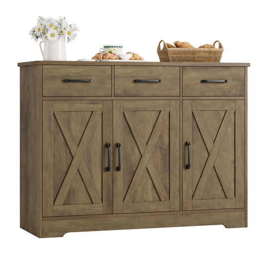 **HOSTACK Modern Farmhouse Buffet Sideboard Cabinet with Barn Doors, Drawers, and Shelves, Wood Coffee Bar Station for Dining Room, Kitchen, or Living Room, Rustic Brown**