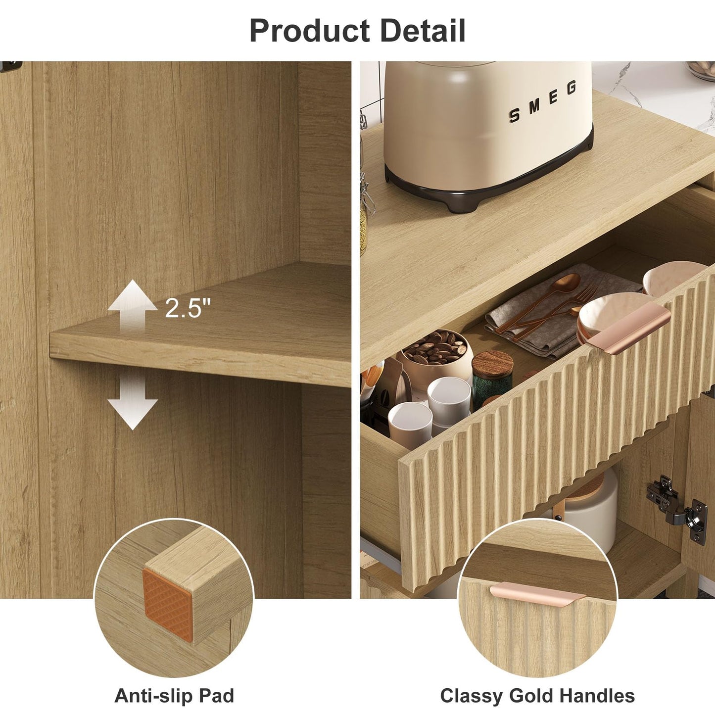 **Oak Fluted Door Accent Cabinet, Sideboard Buffet with 2 Doors, 1 Drawer & Adjustable Shelf, Modern Console Table for Living Room and Entryway**