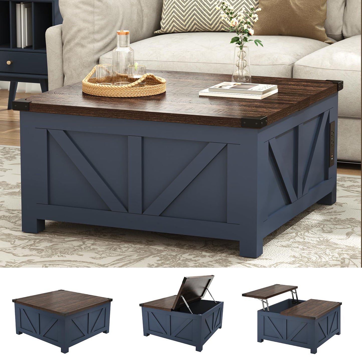 Farmhouse Lift Top Coffee Table with Storage and Charging Station – Blue Wood Square Center Table with USB Ports, Hidden Compartment, and Spacious Storage for Living Room, Bedroom, or Home Office