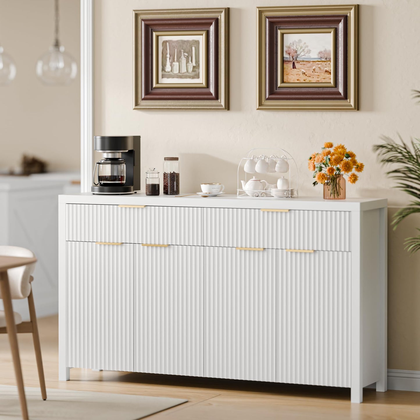 55" White Fluted Buffet Cabinet with Storage, Large Wood Sideboard with Adjustable Shelves for Entryway, Kitchen, or Living Room