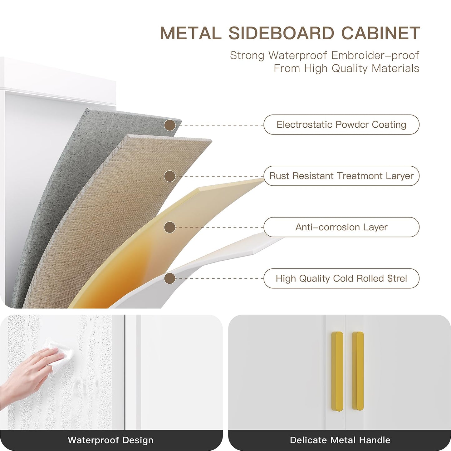 Metal Sideboard Cabinet with Large Drawers and Adjustable Shelf, Farmhouse Coffee Bar Buffet Storage for Kitchen, Dining Room, or Entryway, White