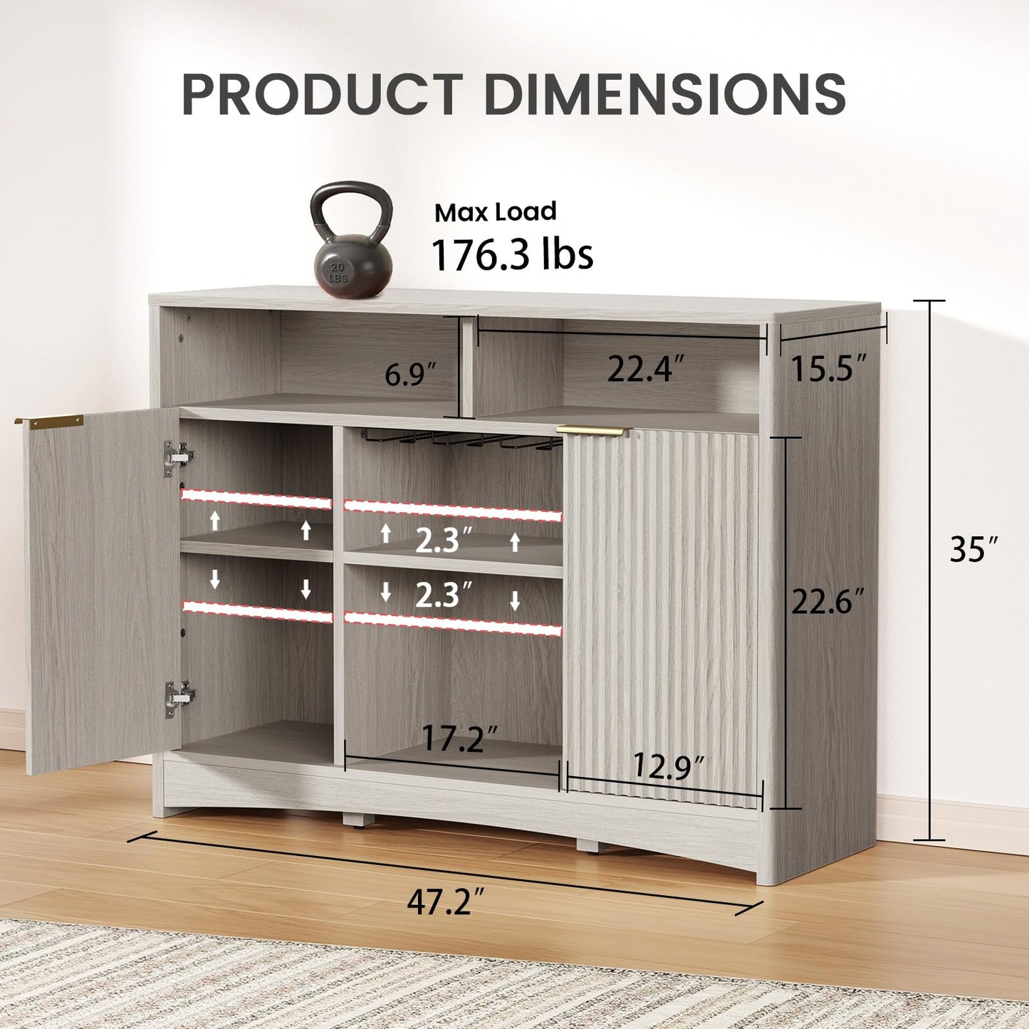 Coffee Bar Cabinet with Wine Glass Rack, 47" Buffet Sideboard with Adjustable Shelves and Soft-Close Hinges, Holds 200 lbs, Grey