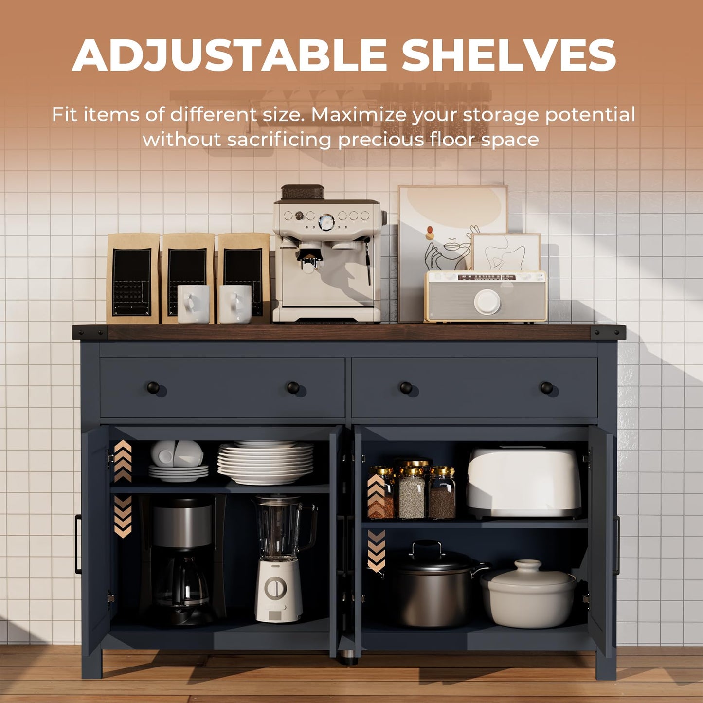 Farmhouse Buffet Cabinet with Storage, 55" Large Sideboard with 4 Doors & 2 Drawers, Blue Wood Coffee Bar Cabinet for Kitchen, Dining Room & Living Room