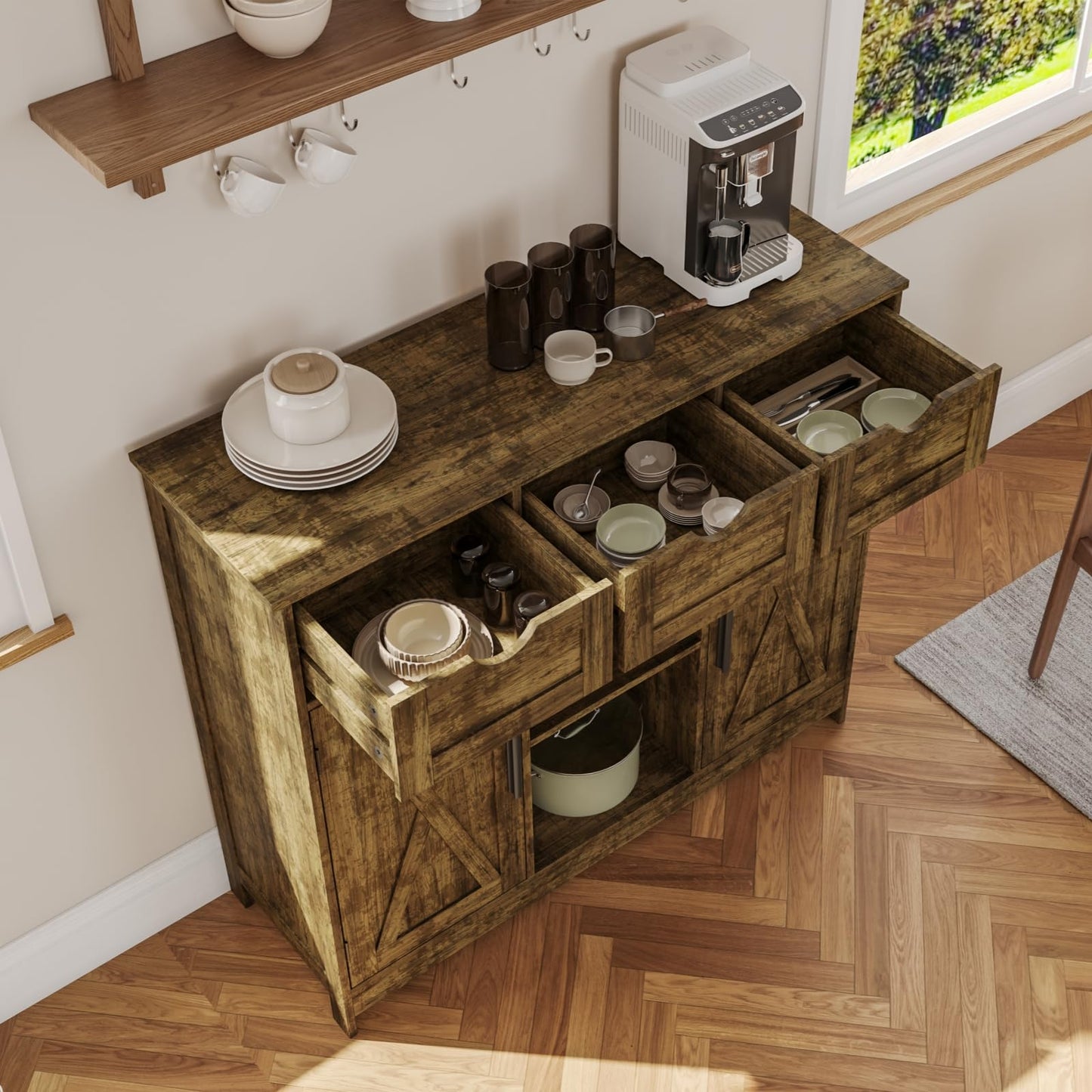 Storage Cabinet with 2 Doors, 3 Drawers, and 2 Adjustable Shelves, Coffee Bar Sideboard for Bathroom, Kitchen, or Living Room, Retro