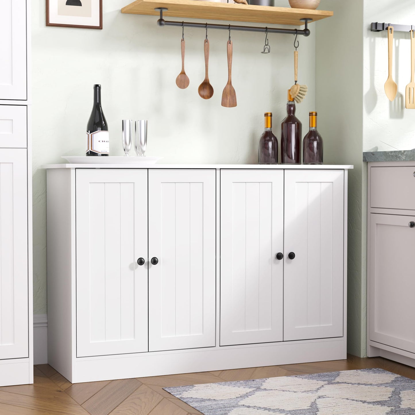 47" Sideboard Buffet Cabinet with 4 Doors, Modern Farmhouse Coffee Bar Storage Table for Kitchen, Dining, or Living Room, White