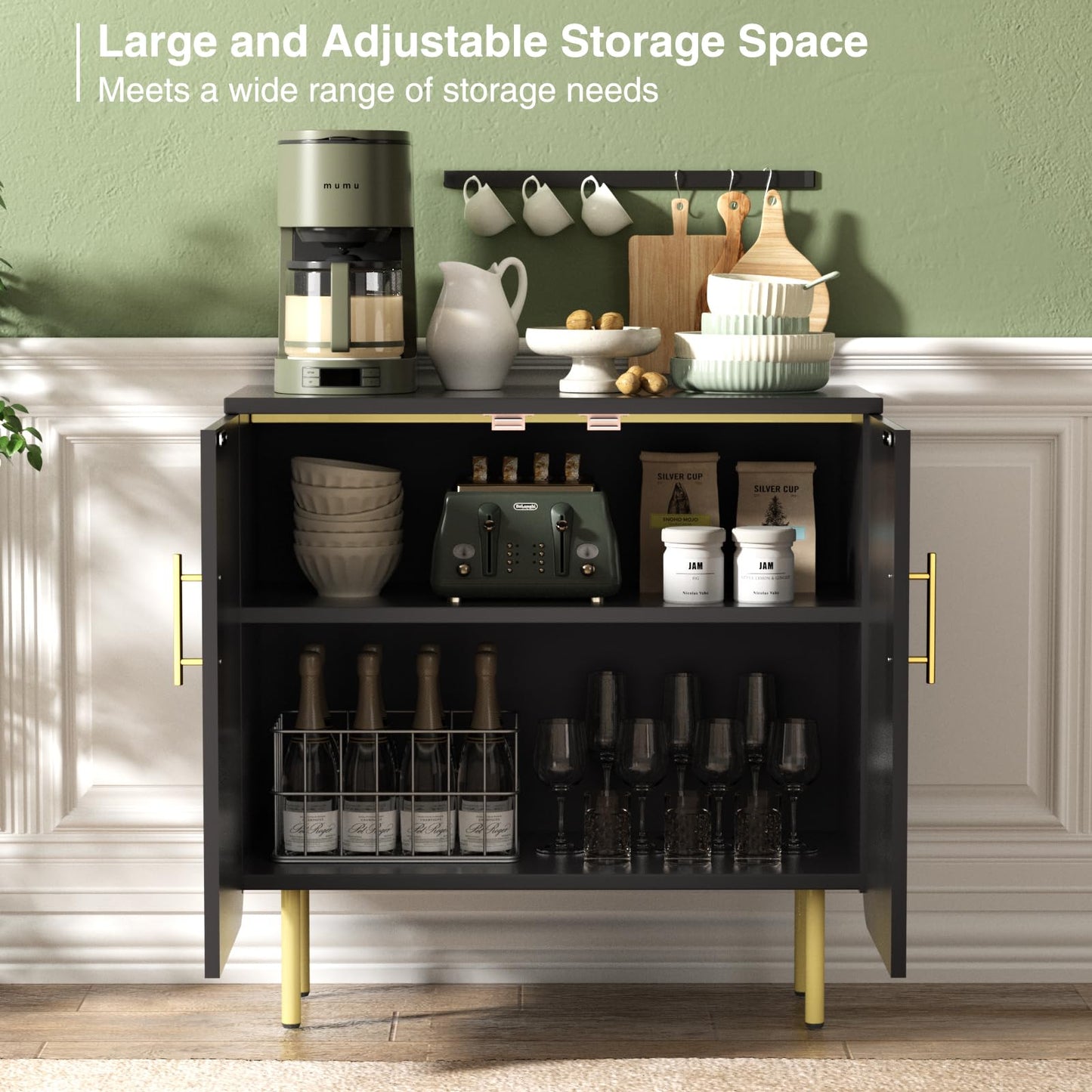 Buffet Cabinet with 2 Doors and Adjustable Shelf, Fluted Modern Sideboard Accent Cabinet for Living Room, Black