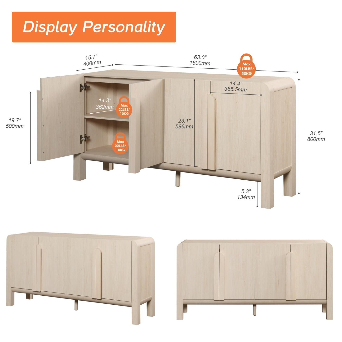 63" Large Curved Buffet Sideboard Cabinet with 4 Doors, Modern Coffee Bar and Wine Bar Storage for Dining Room, Living Room, or Kitchen, Light Oak