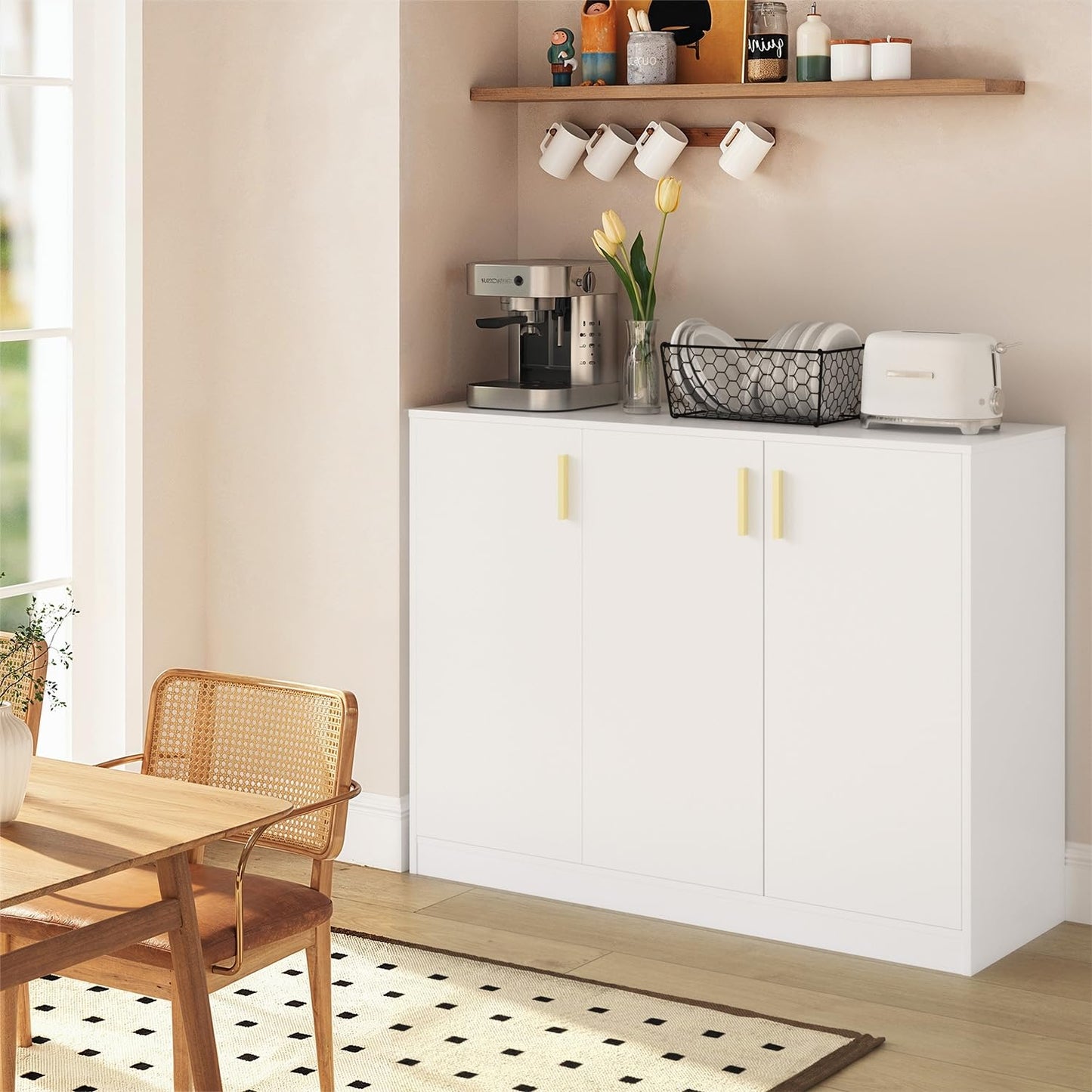 Buffet Cabinet with Doors and Shelves, 35.4" Tall Wood Sideboard Console Table for Kitchen, Living Room, Entryway, or Hallway, White