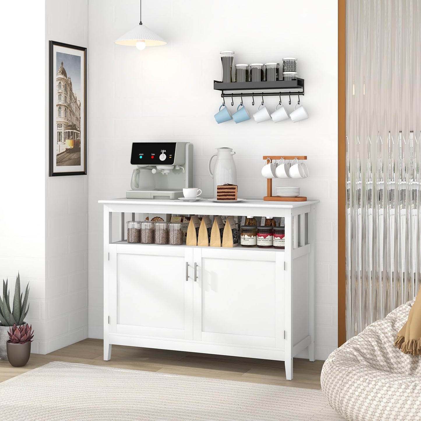 Freestanding Buffet Cabinet with Adjustable Shelf, Kitchen Storage Sideboard Console Table, 45" x 20" x 36", White