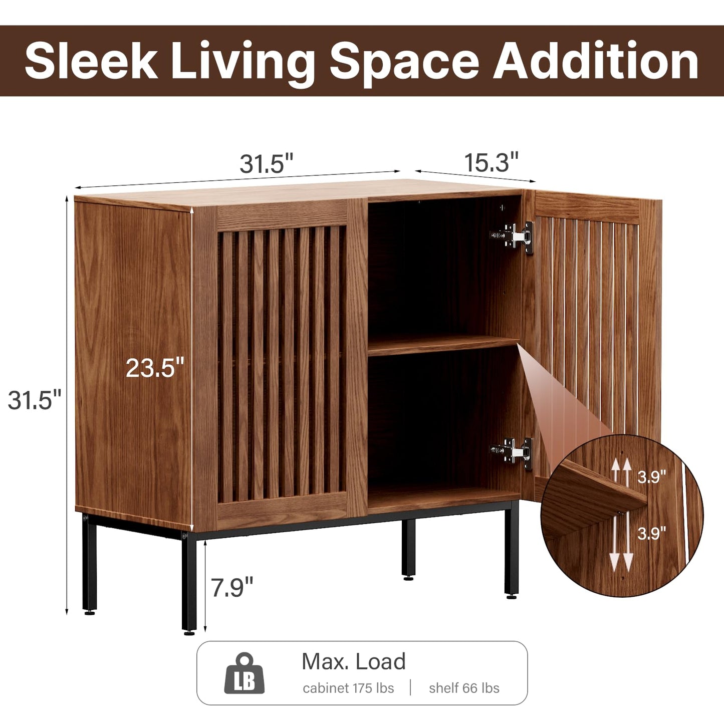 **32" Storage Cabinet, Modern Coffee Bar with Adjustable Shelf and Metal Base, Wood Multifunctional Console Table for Kitchen, Living Room, and Entryway, Brown**