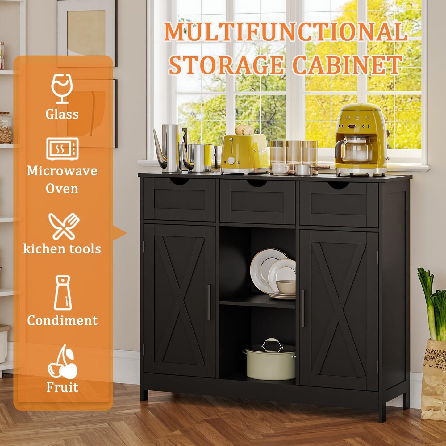 Storage Cabinet with 2 Doors, 3 Drawers, and 2 Adjustable Shelves, Coffee Bar Sideboard for Bathroom, Kitchen, or Living Room, Black