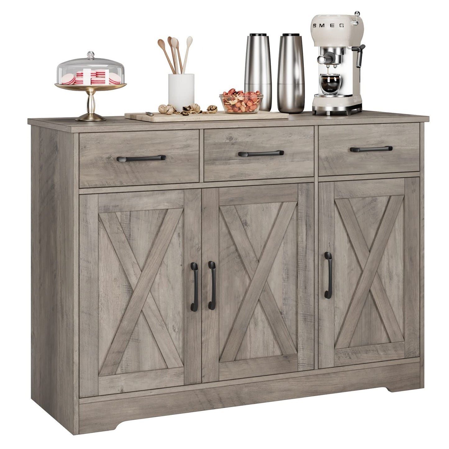 **HOSTACK Modern Farmhouse Buffet Sideboard Cabinet with Barn Doors, Drawers, and Shelves, Wood Coffee Bar Storage Cabinet for Dining Room, Kitchen, or Living Room, Ash Grey**