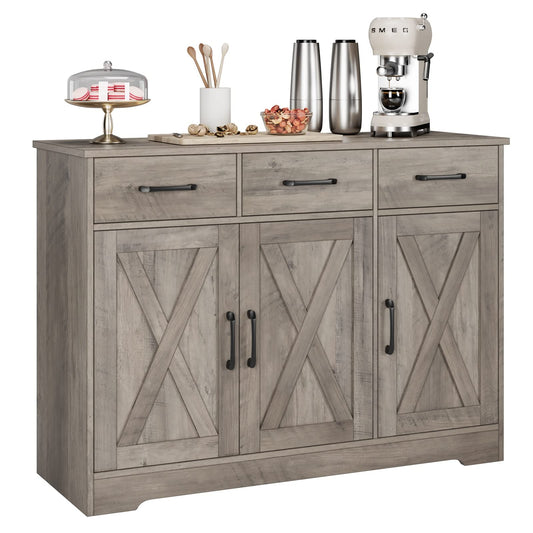 **HOSTACK Modern Farmhouse Buffet Sideboard Cabinet with Barn Doors, Drawers, and Shelves, Wood Coffee Bar Storage Cabinet for Dining Room, Kitchen, or Living Room, Ash Grey**