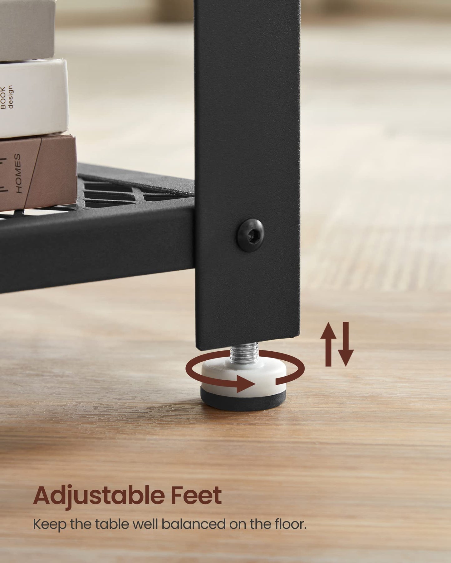 2-Tier Industrial Coffee Table with Mesh Shelf, Steel Frame, Adjustable Feet for Living Room, Rustic Brown/Black