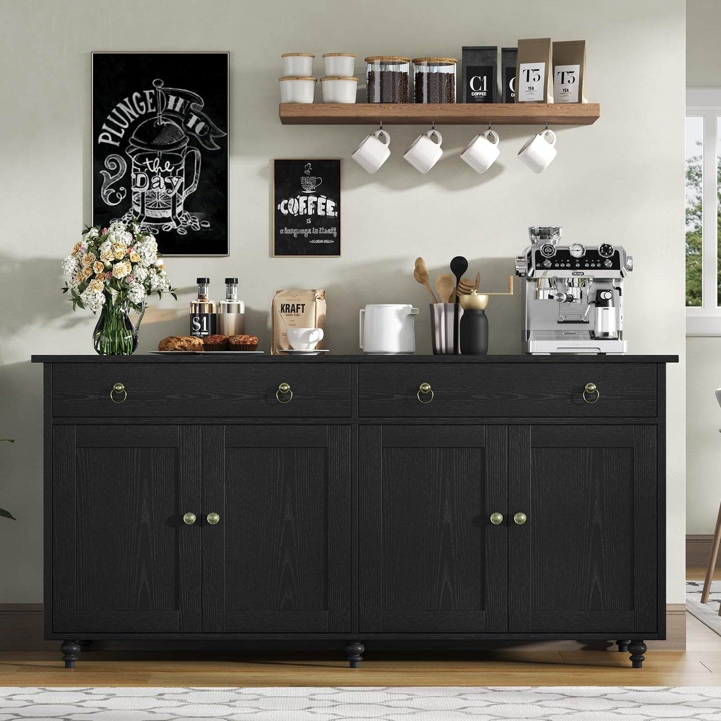 **55" Buffet Cabinet with Storage, Black Sideboard with Drawers and Doors, Coffee Bar for Dining Room**