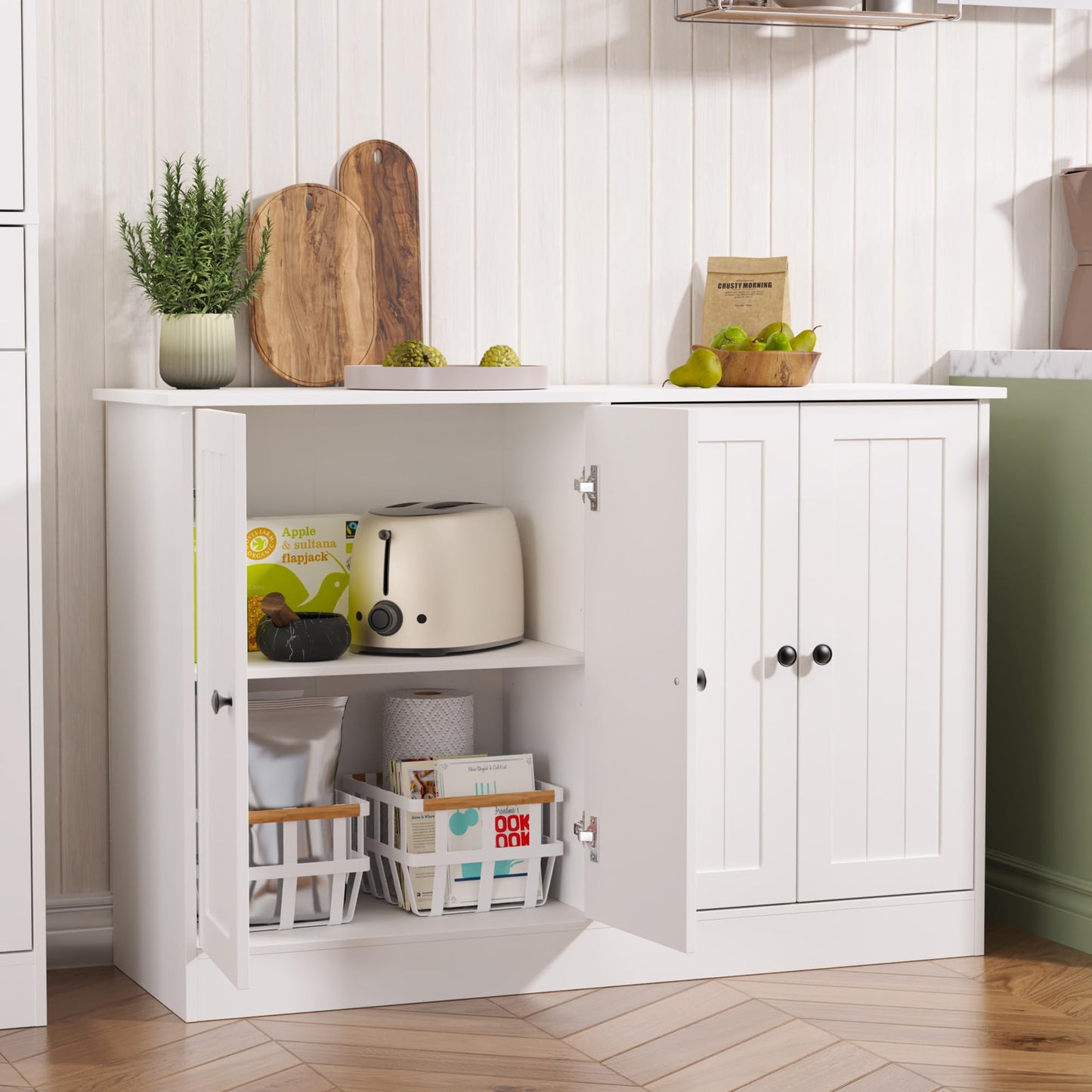 47" Sideboard Buffet Cabinet with 4 Doors, Modern Farmhouse Coffee Bar Storage Table for Kitchen, Dining, or Living Room, White