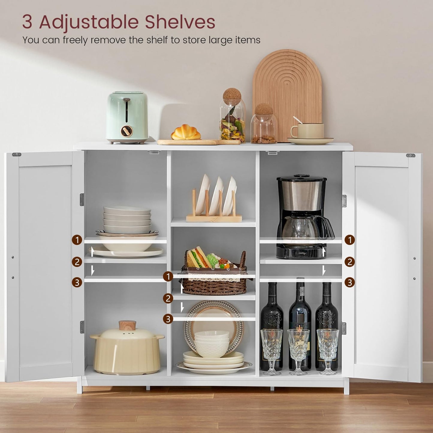 Storage Cabinet with 2 Doors and 4 Shelves, Credenza Buffet Cabinet for Living Room, Entryway, or Home Office, White