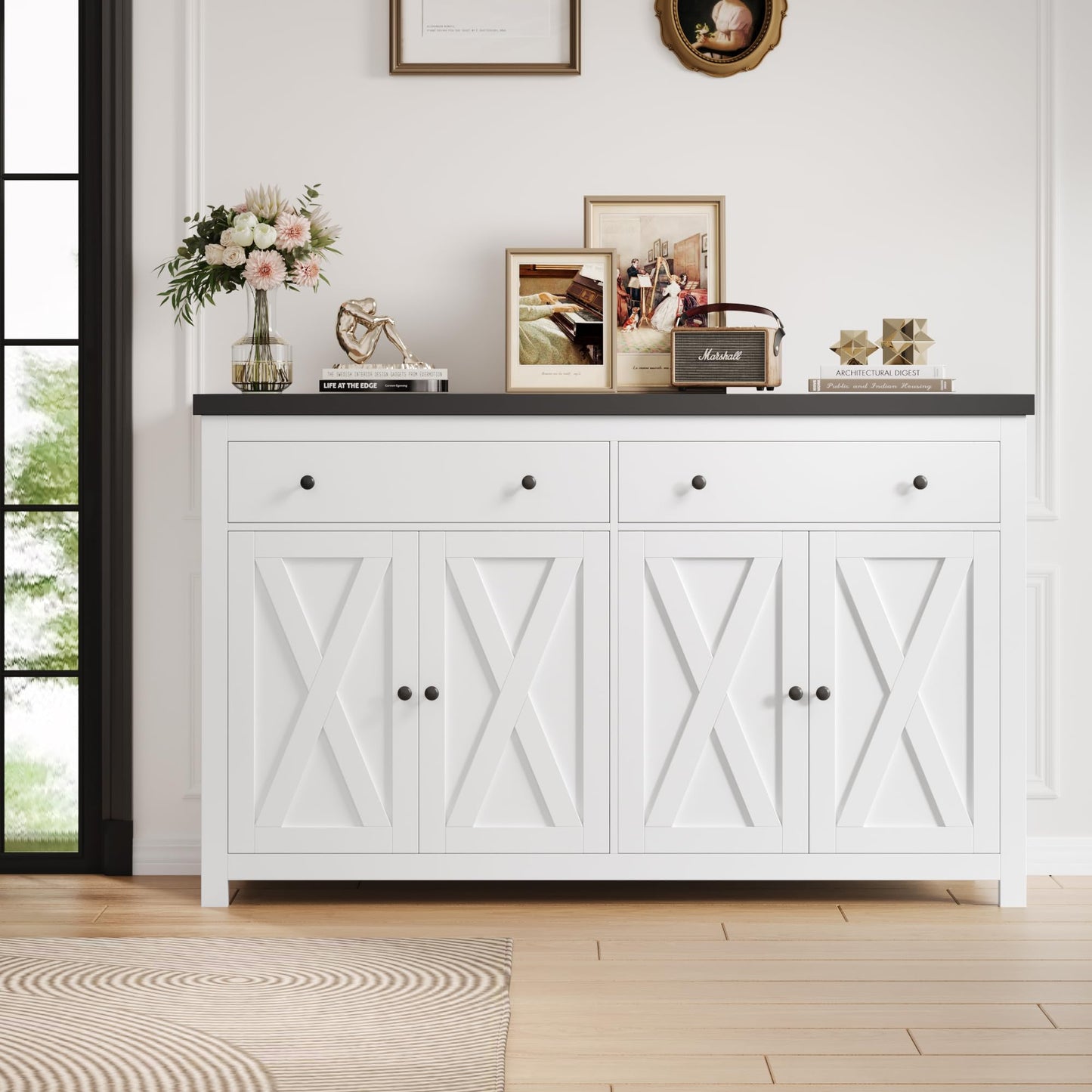55" Large Sideboard Buffet Cabinet with 2 Drawers and 4 Doors, Wood Storage Buffet Table for Kitchen or Dining Room, White/Black
