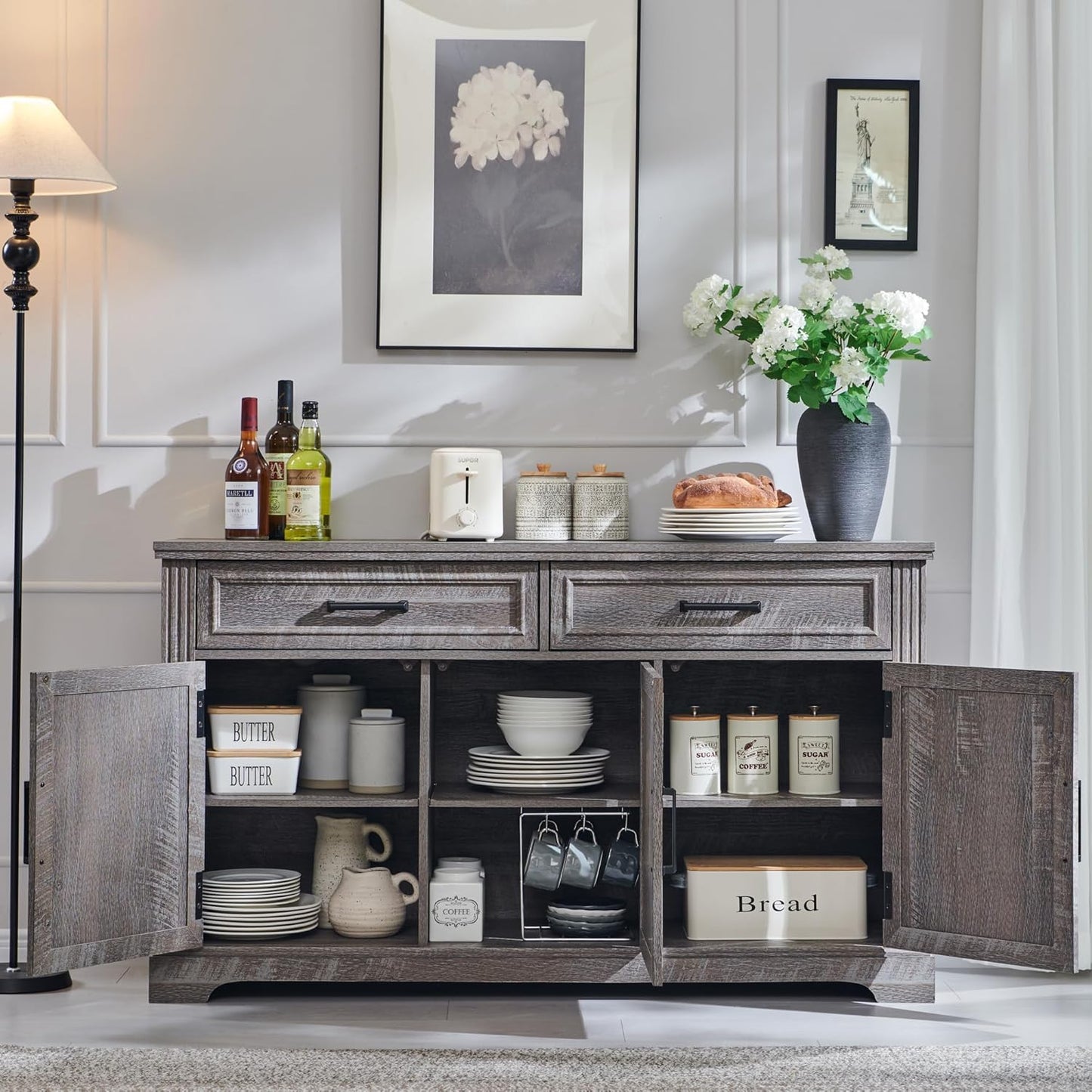 **55" Large Buffet Sideboard Cabinet with 3 Doors and 2 Drawers, Buffet Table Coffee Bar Wine Bar Storage Cabinet for Dining Room or Living Room, Dark Grey**