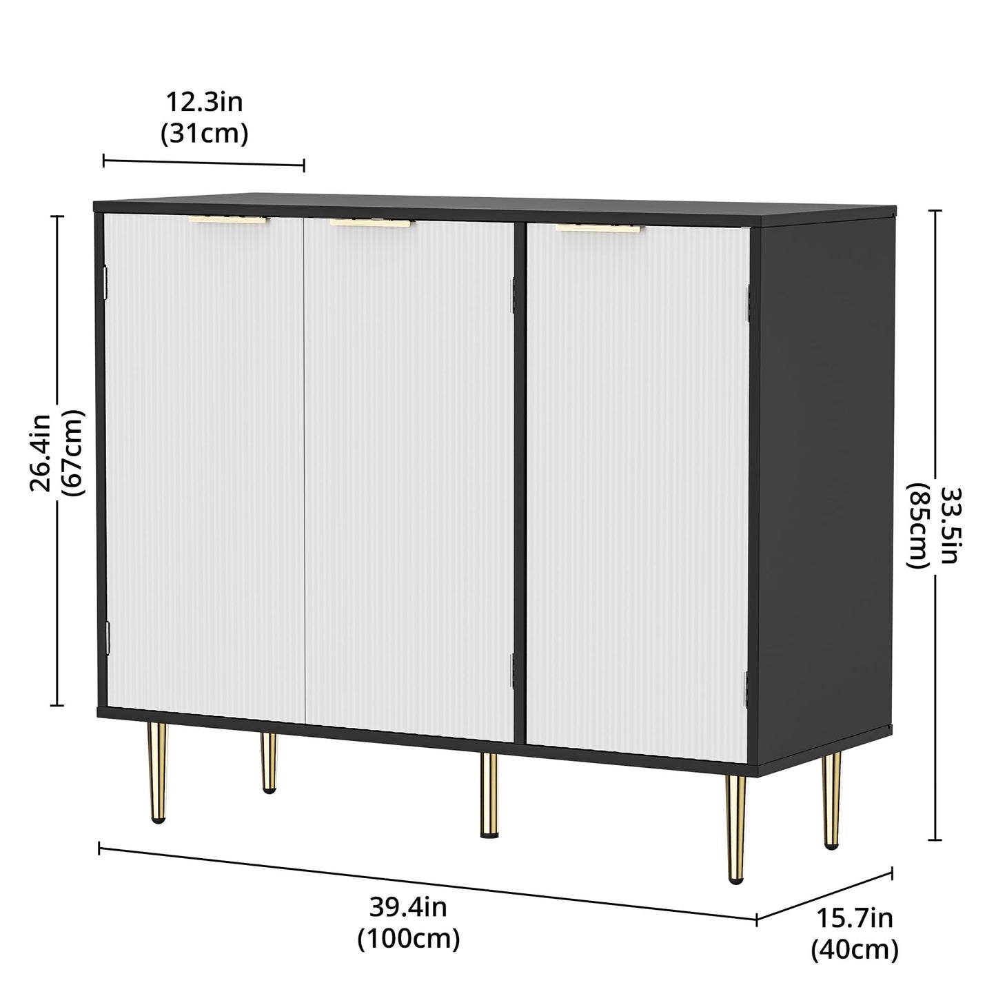 Fluted Sideboard Buffet with 3 Doors and Adjustable Shelves, Modern Kitchen Storage Cabinet with Gold Handles, Coffee Bar for Living Room or Kitchen, Black and White