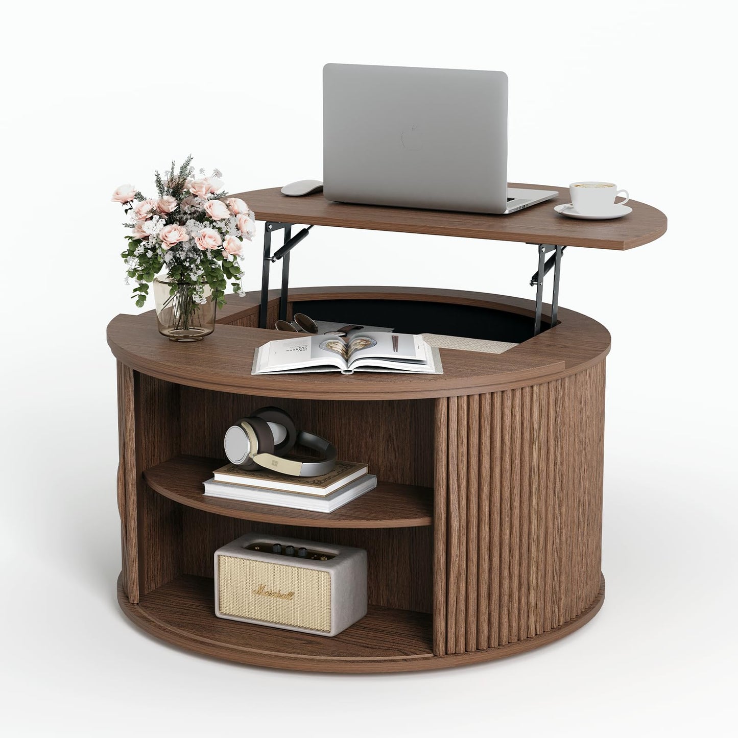 Round Coffee Table with Lift Top, 31.5" Mid-Century Modern Fluted Coffee Table with Hidden Storage Compartment, Small Center Table for Living Room, Walnut