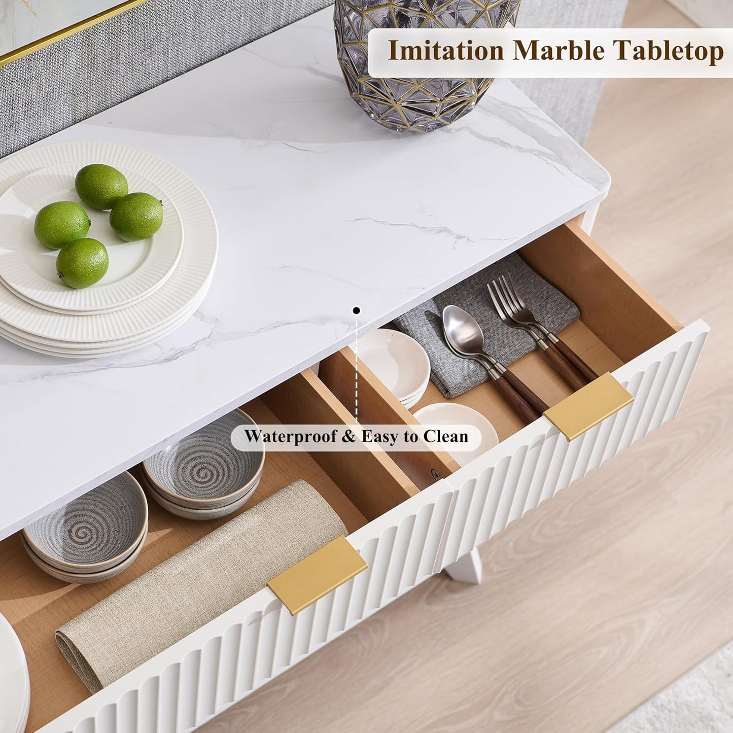 **T4TREAM 60" Fluted Modern Buffet Sideboard Cabinet with Storage, Large Buffet Table with 3 Drawers & 4 Doors for Dining Room, Living Room, or Hallway, Solid White**