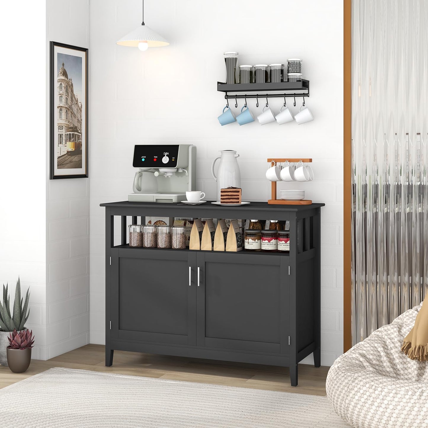 Freestanding Buffet Cabinet with Adjustable Shelf, Kitchen Storage Sideboard Console Table, 45" x 20" x 36", Black