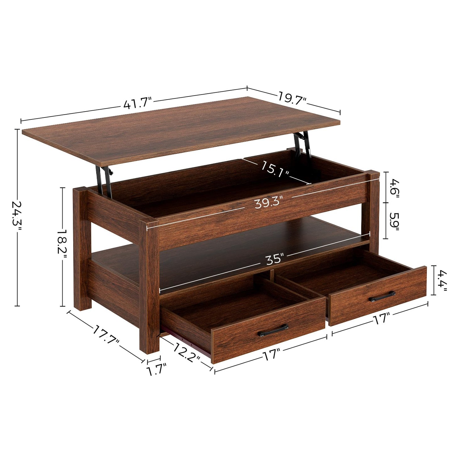 Rolanstar Lift Top Coffee Table with Drawers & Hidden Compartment – Retro Wooden Central Table with Adjustable Lift Tabletop for Living Room, Espresso
