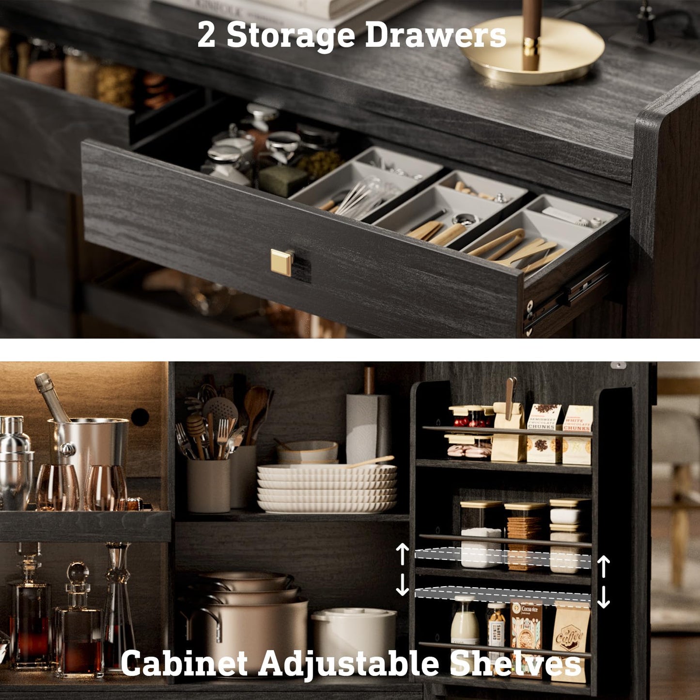 55" Fluted Sideboard Buffet Cabinet with Charging Station and LED Light, 2 Drawers, Pull-Out Shelf, and Spice Rack, Modern Kitchen Storage, Black Oak