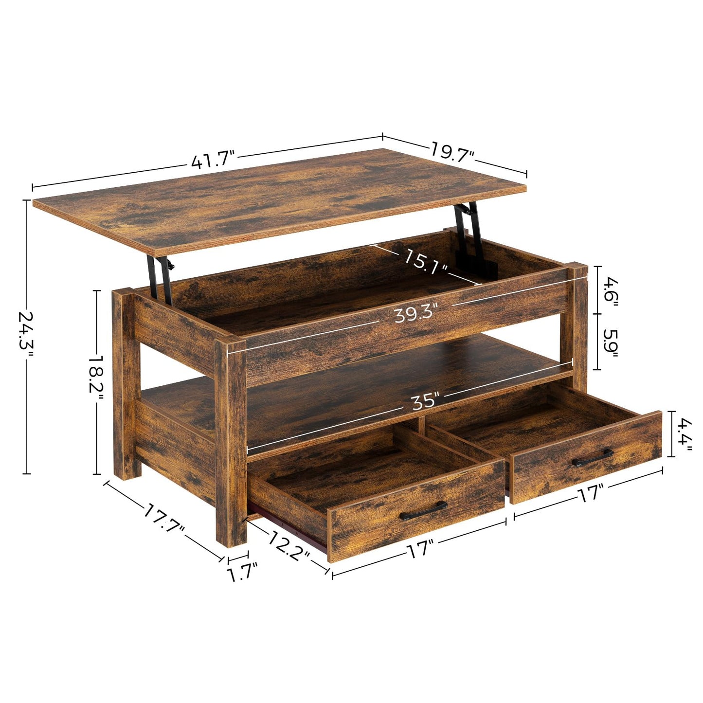 Rolanstar Lift Top Coffee Table with Drawers & Hidden Compartment – Retro Wooden Central Table with Adjustable Lift Tabletop for Living Room, Rustic Brown