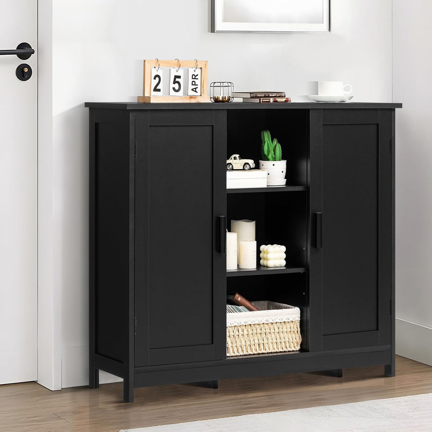 Storage Cabinet with 2 Doors and 4 Shelves, Bathroom Cupboard or Credenza for Living Room, Entryway, or Home Office, Black