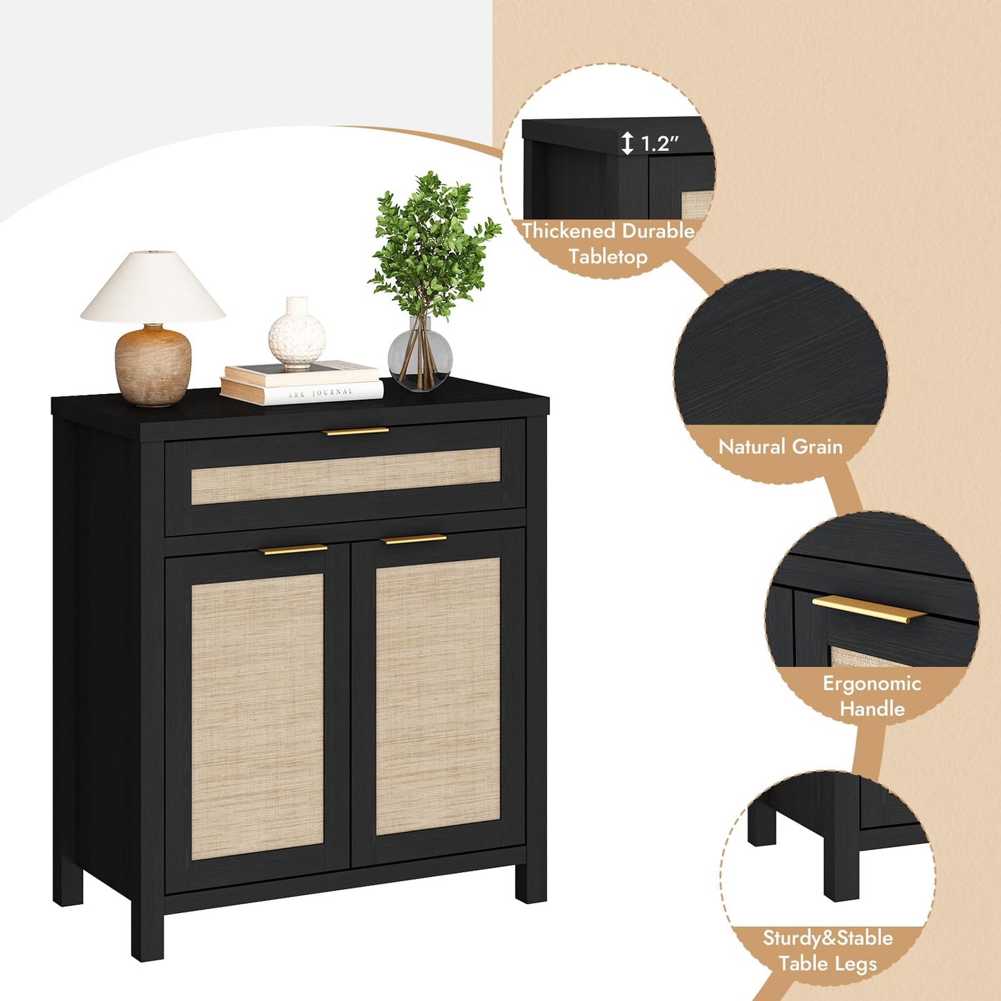 Boho Rattan Sideboard Buffet Cabinet with Doors and Drawer, Farmhouse Storage Credenza with Adjustable Shelf for Living Room, Hallway, or Kitchen, Black