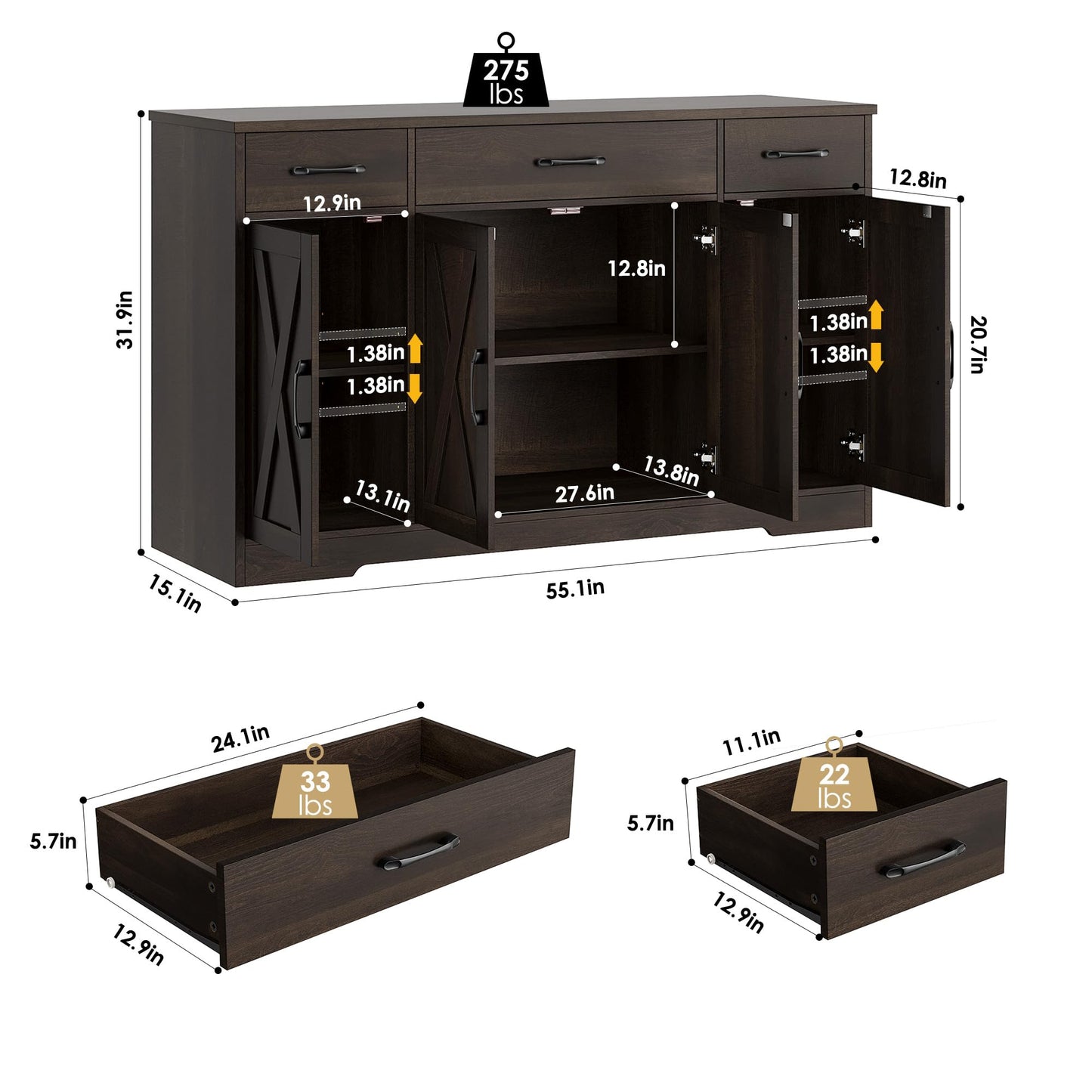 55" Large Buffet Sideboard Cabinet with Drawers, Shelves, and Doors, Modern Farmhouse Coffee Bar Station for Kitchen or Dining Room, Dark Brown