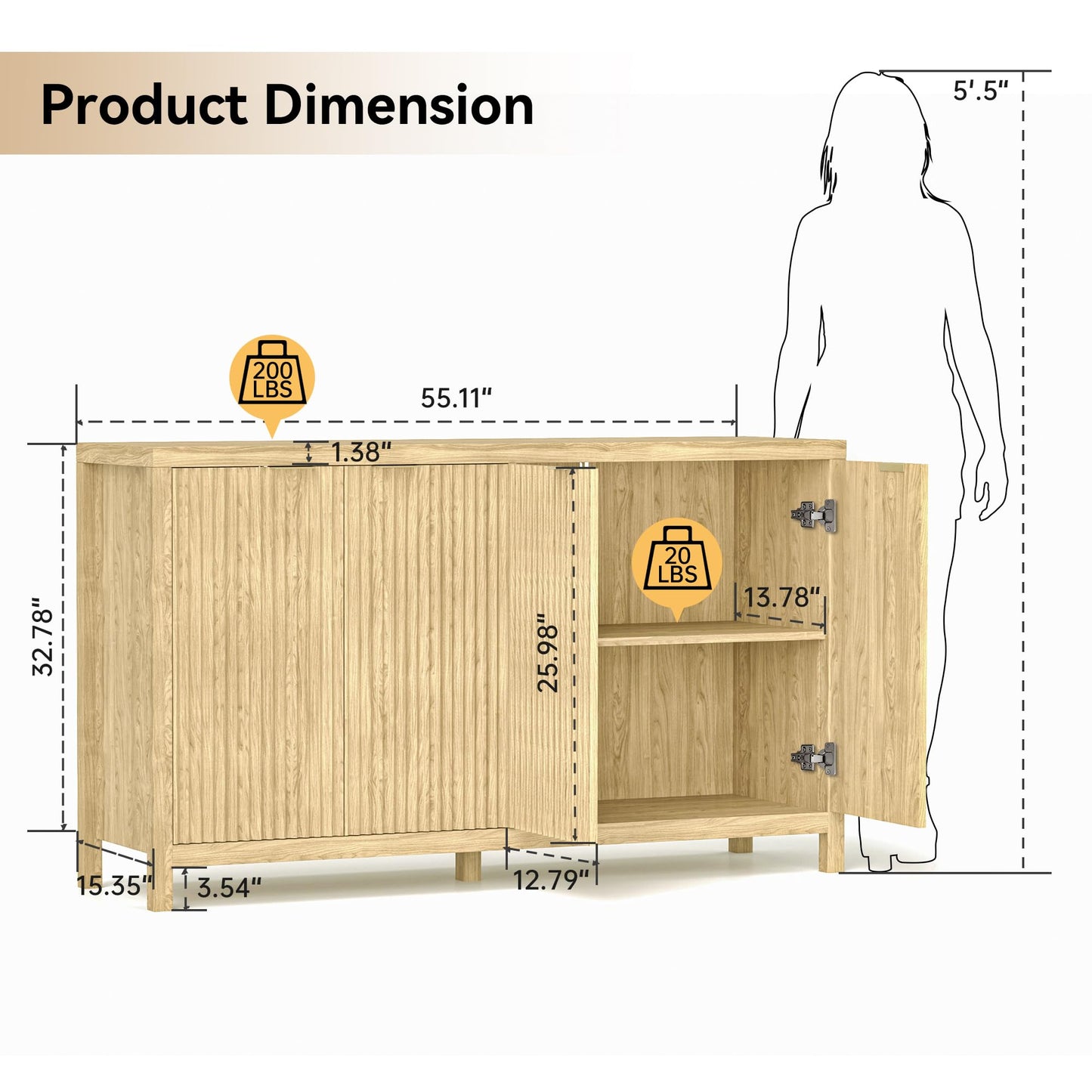 Fluted Sideboard Buffet Cabinet with 4 Doors and Adjustable Shelves, Modern Credenza Coffee Bar Table, Natural Oak