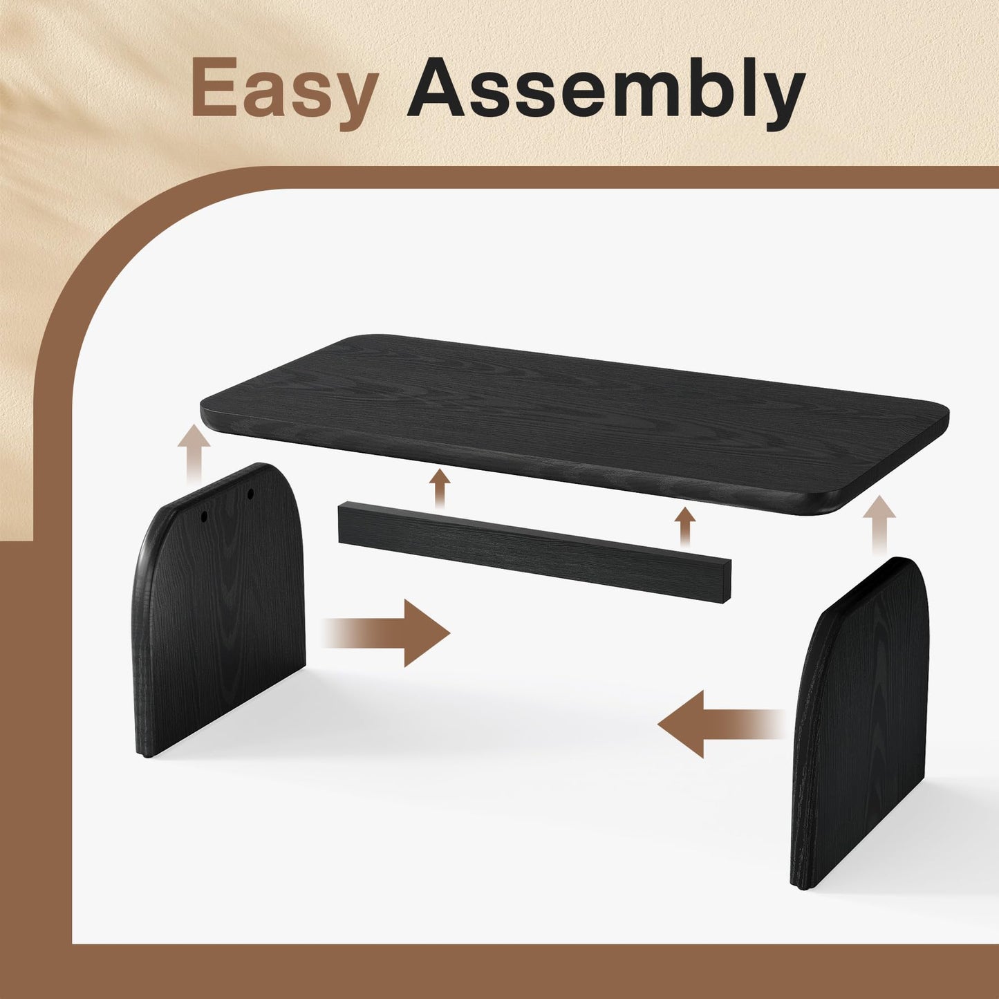 Rectangle Wood Coffee Table, 47-Inch Farmhouse Accent Center Table with Sturdy Base and Rounded Corners, Black