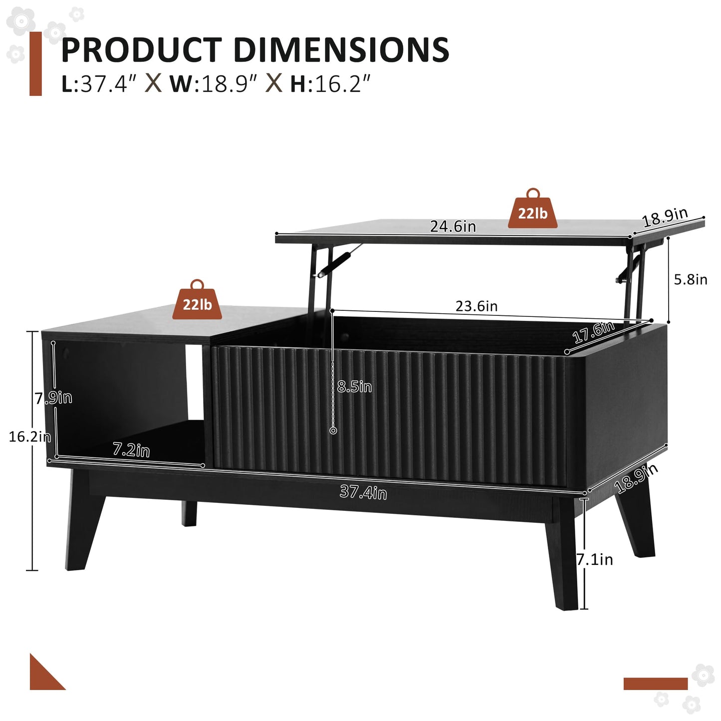 LYNCOHOME Fluted Lift Top Coffee Table with Hidden Compartment – Modern Wood Center Table for Living Room or Home Office, Black Finish