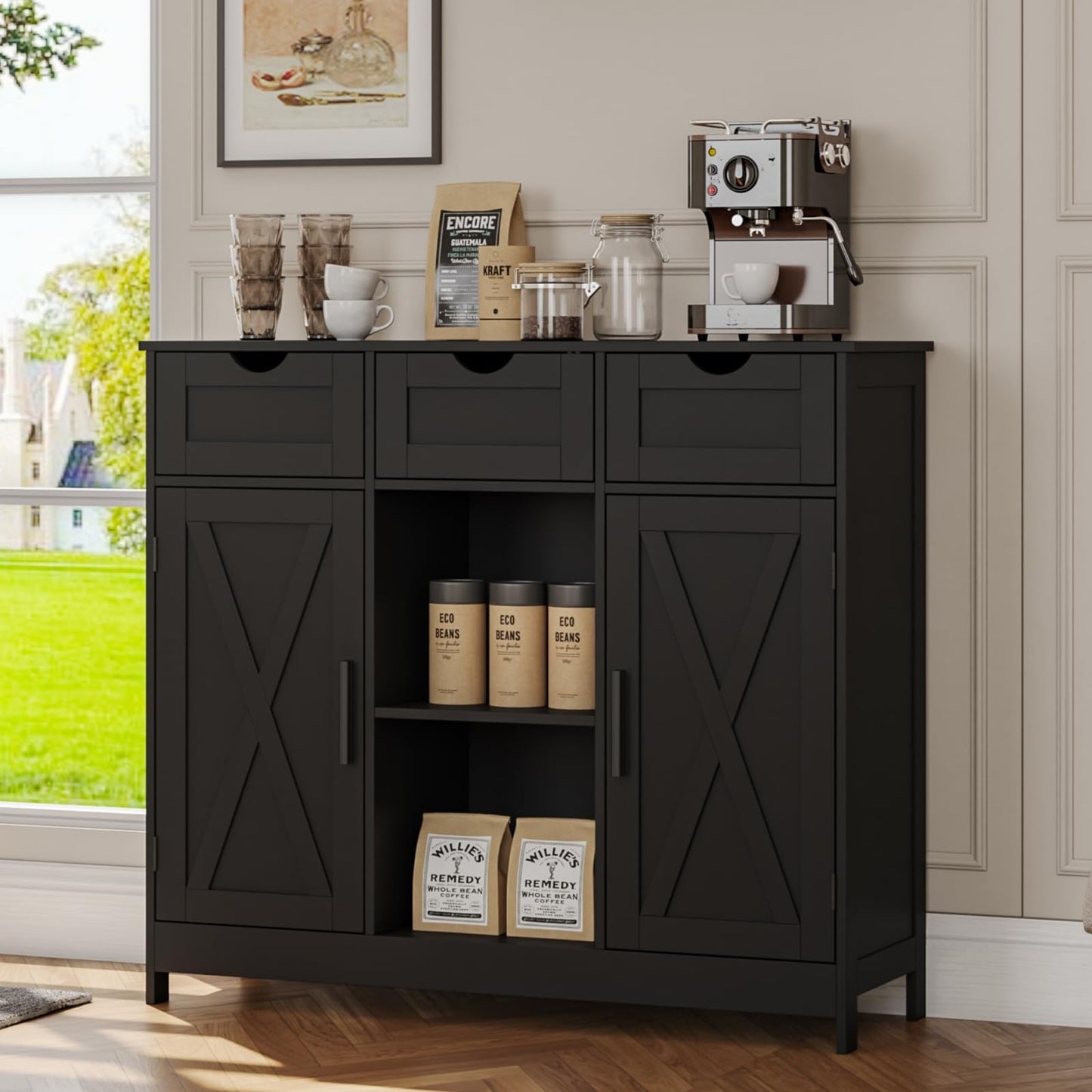 Storage Cabinet with 2 Doors, 3 Drawers, and 2 Adjustable Shelves, Coffee Bar Sideboard for Bathroom, Kitchen, or Living Room, Black