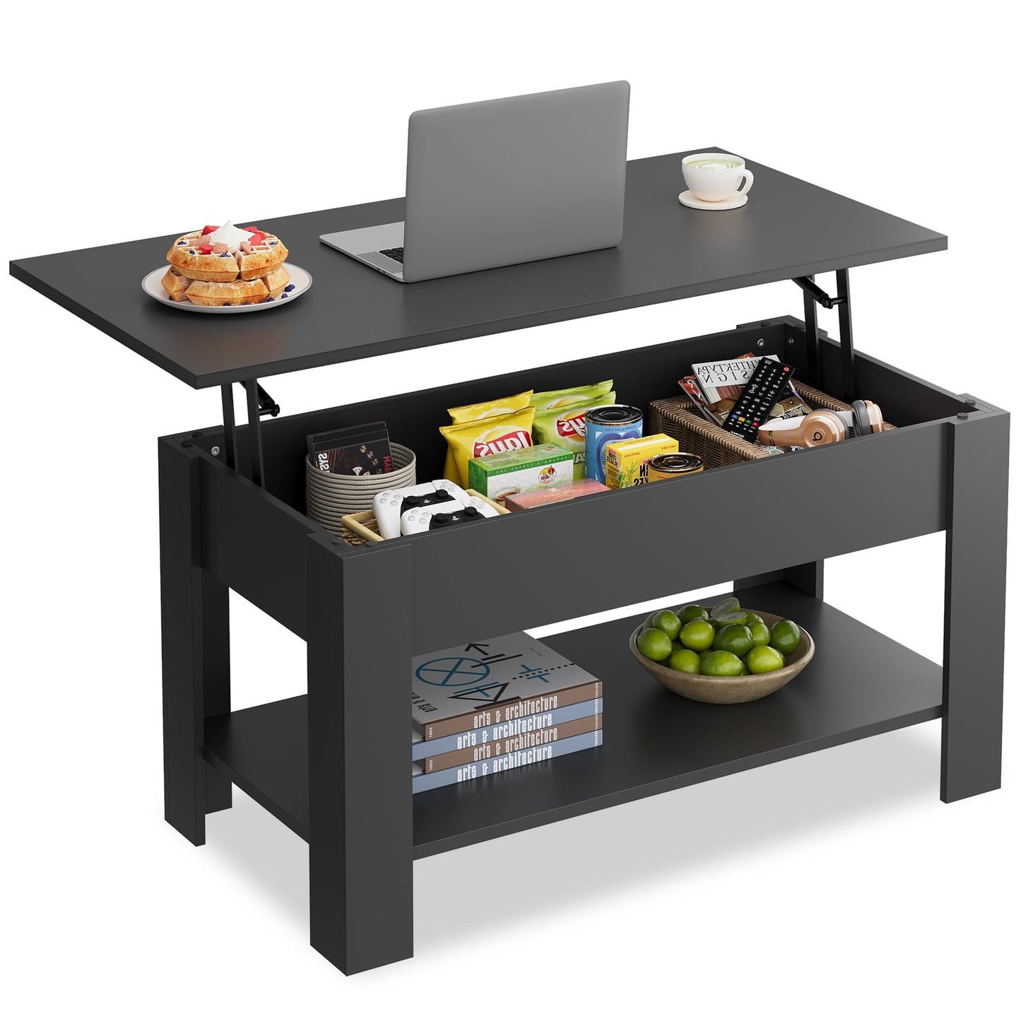 39" Lift Top Coffee Table with Hidden Compartment and Storage Shelf for Living Room or Office, Black
