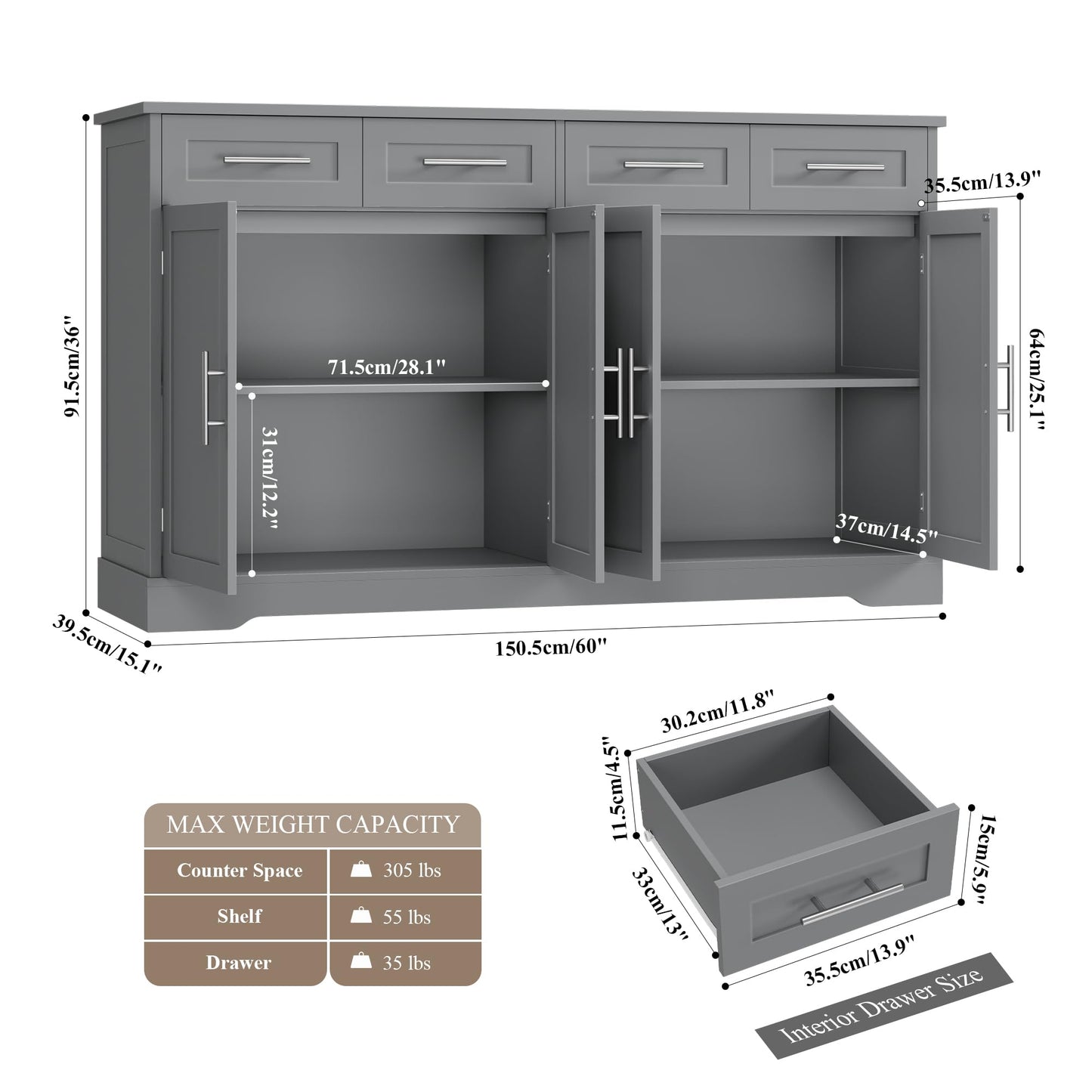 60" Large Buffet Sideboard with 4 Drawers and Storage, 36" Tall Modern Kitchen Cabinet with Gold Handles, Grey