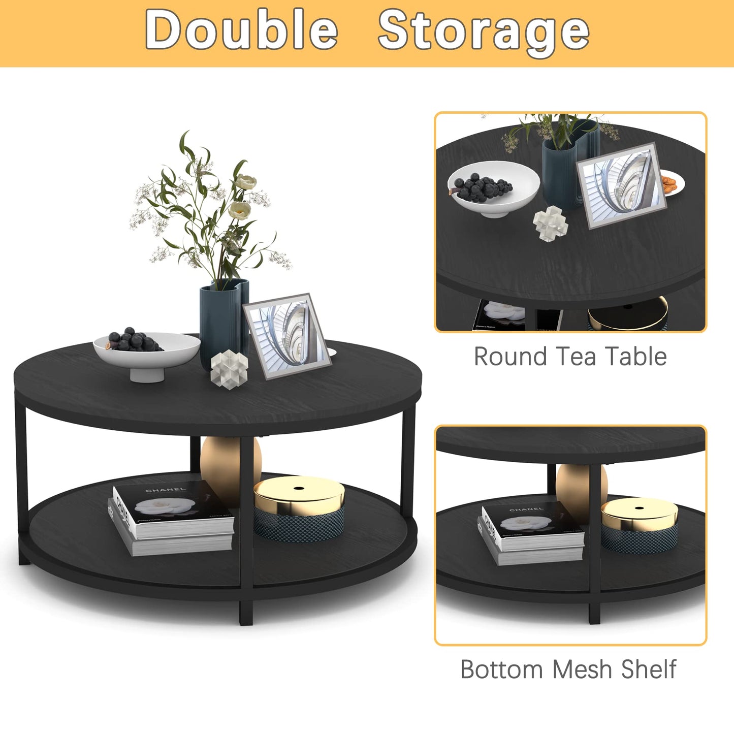 NSdirect 36" Round Coffee Table for Living Room – Rustic Black Oak Wooden Top with Sturdy Metal Legs, 2-Tier Industrial Sofa Table with Open Storage Shelf, Modern Home Furniture