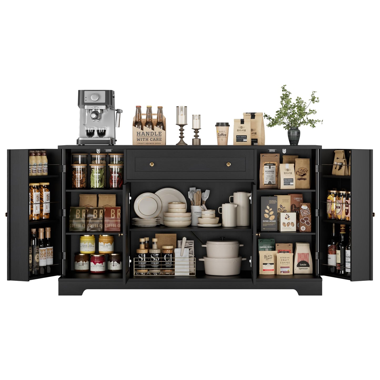 **HITHOS 54" Modern Buffet Cabinet with Storage, Black Kitchen Sideboard with Drawer, Wood Coffee Bar with Adjustable Shelves for Living Room**