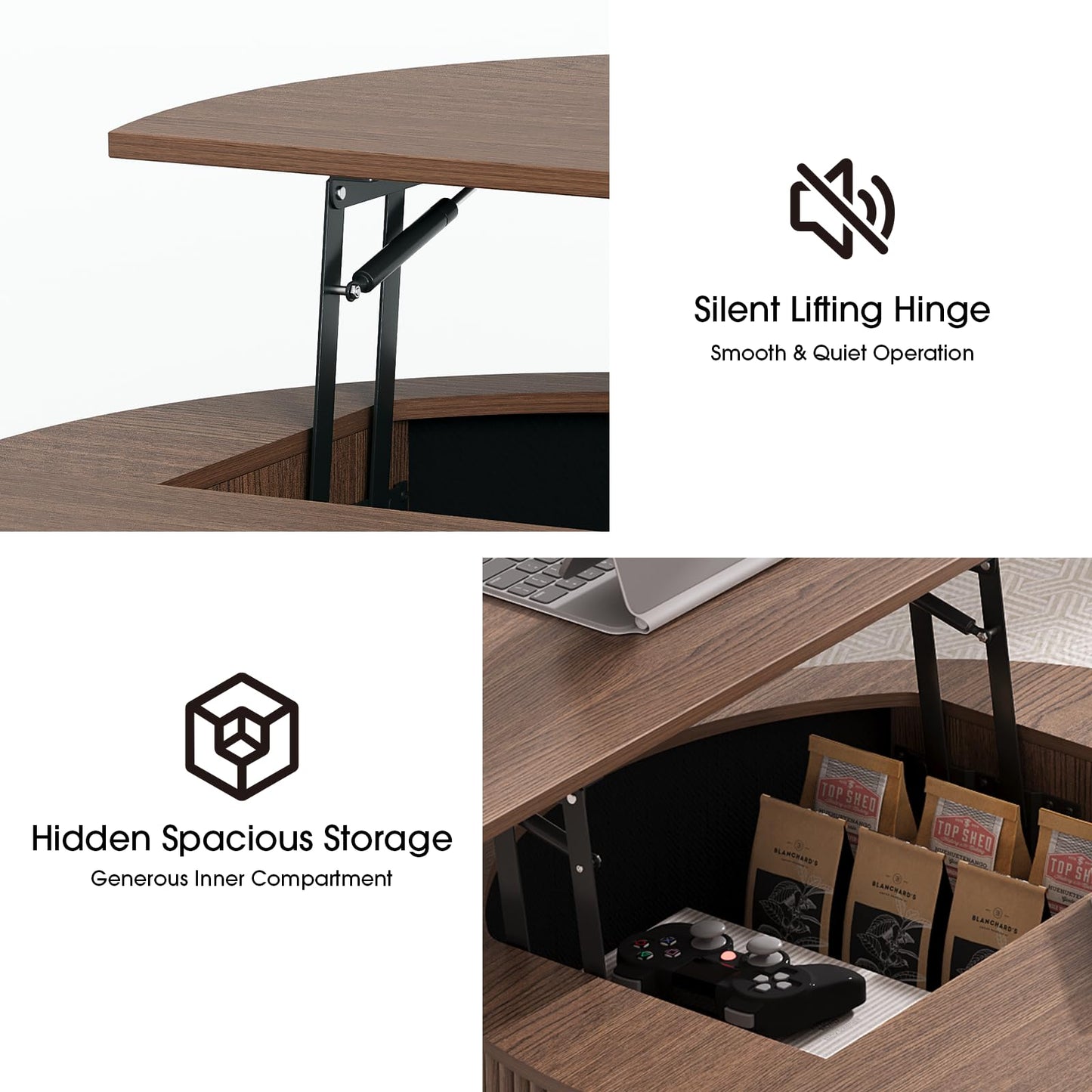 Round Coffee Table with Lift Top, 31.5" Mid-Century Modern Fluted Coffee Table with Hidden Storage Compartment, Small Center Table for Living Room, Walnut