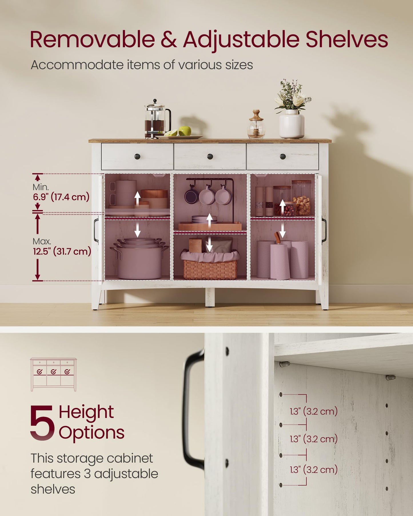 **Buffet Cabinet, Coffee Bar Cabinet with 3 Drawers, Adjustable Shelves, Sideboard Storage with Cable Holes and Drawer Dividers, Rustic White and Honey Brown**