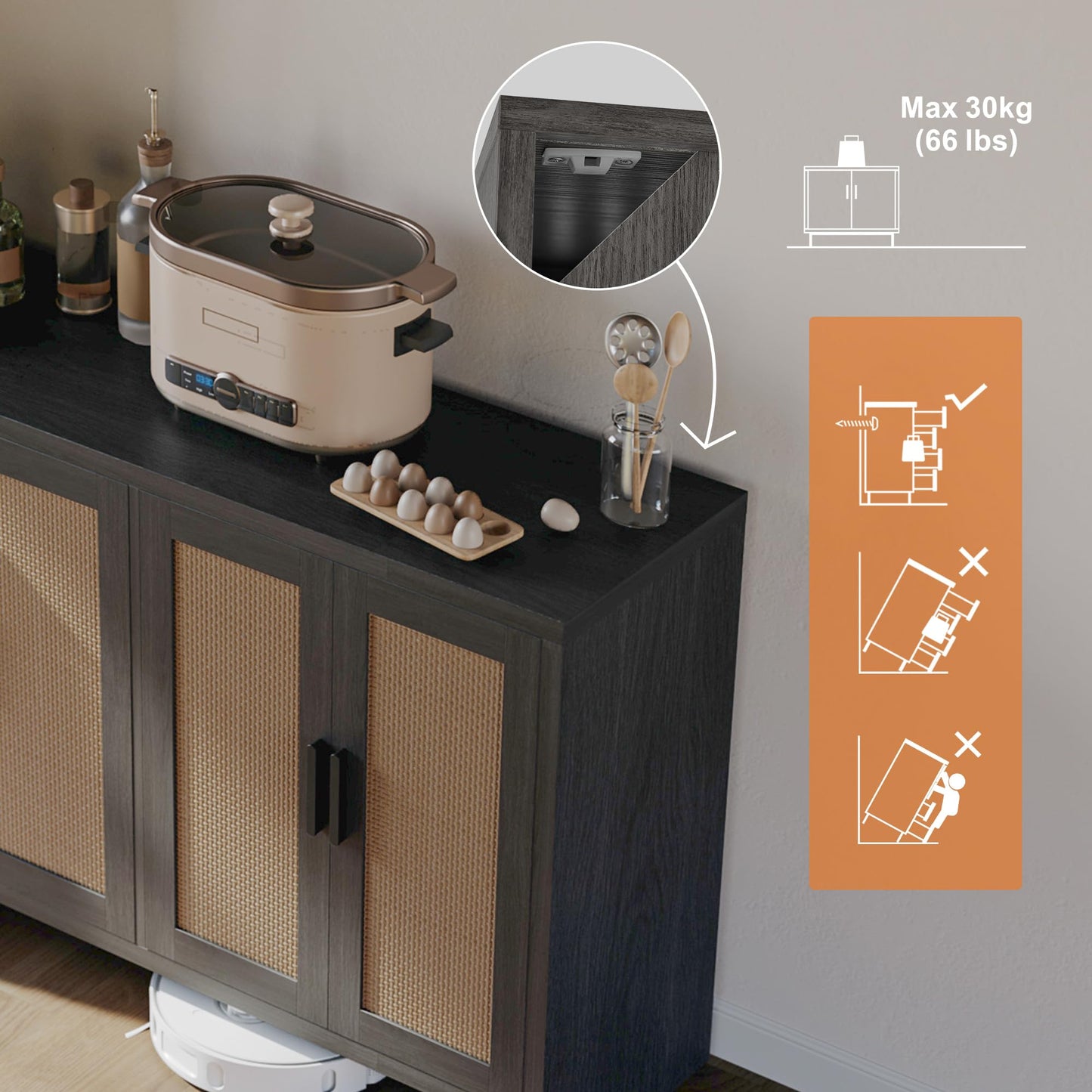 **Rattan Buffet Cabinet with Storage, Sideboard with Doors, TV Stand, Farmhouse Coffee Bar, Modern Wood Storage Cabinet for Living Room, Kitchen, or Dining Room, Black**