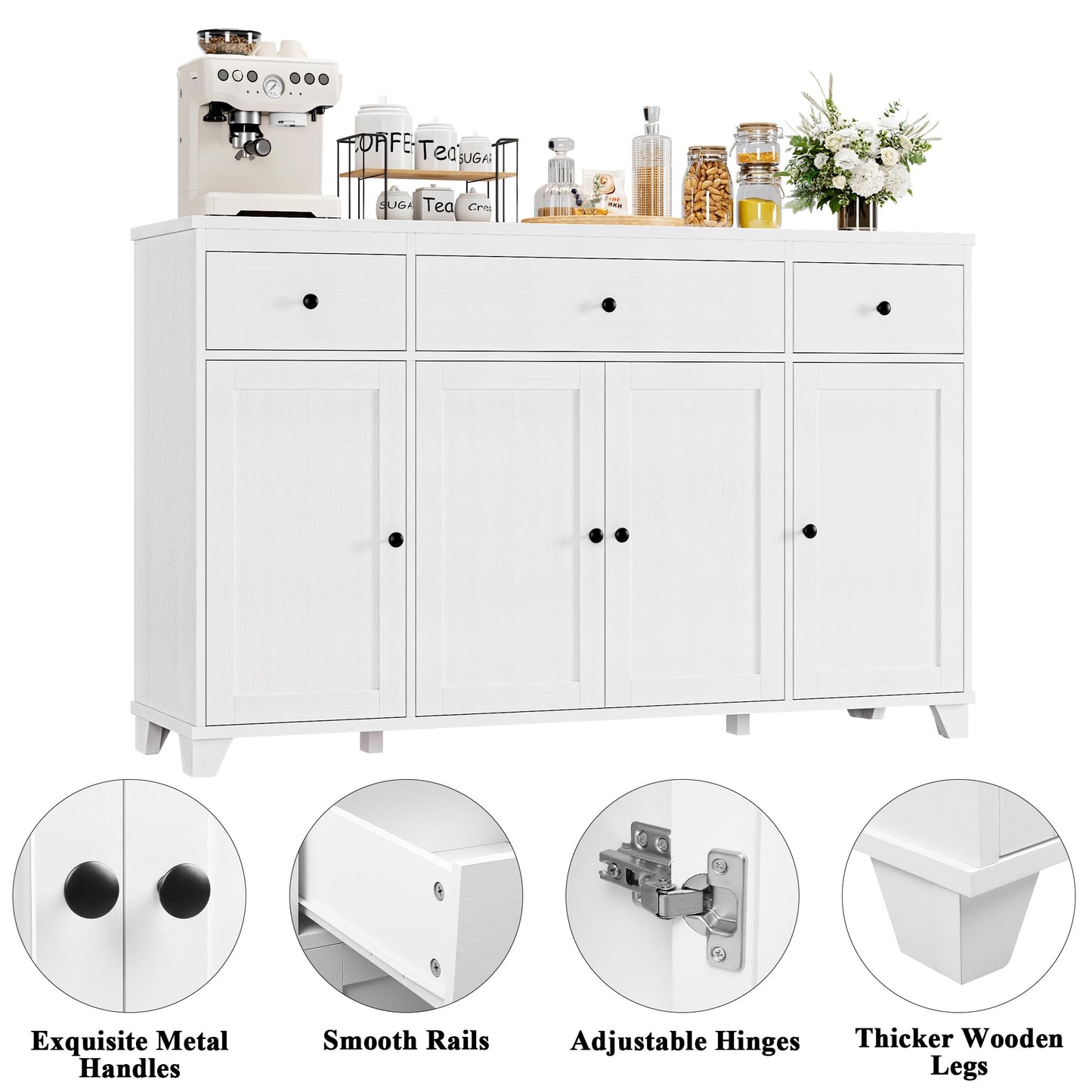 **HIFIT 55" Large Kitchen Buffet Cabinet with Storage, Modern Sideboard with Drawers, Doors, and Shelves, Wood Coffee Bar Cabinet for Kitchen, Dining, or Living Room, White**