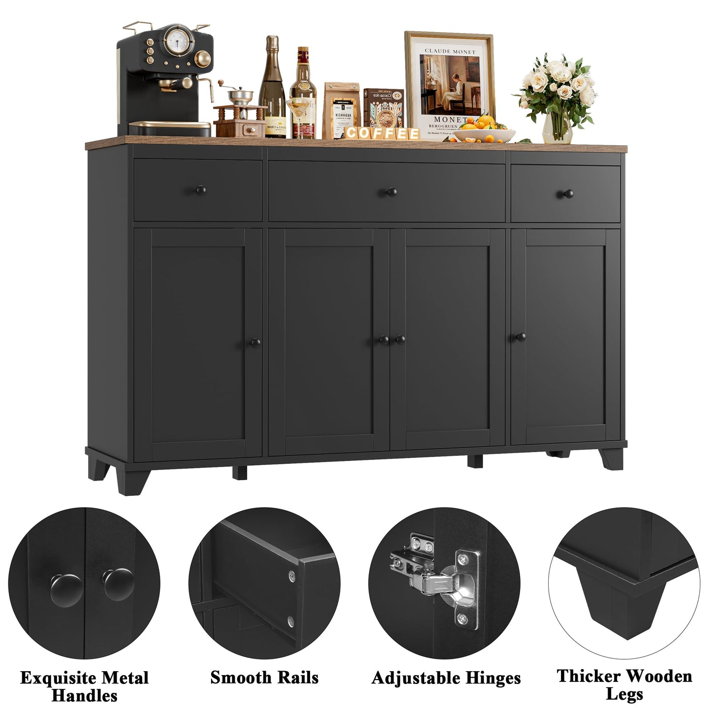 **HIFIT 55" Large Kitchen Buffet Cabinet with Storage, Farmhouse Sideboard with Drawers, Doors, and Shelves, Wood Coffee Bar Cabinet for Kitchen, Dining, or Living Room, Black**