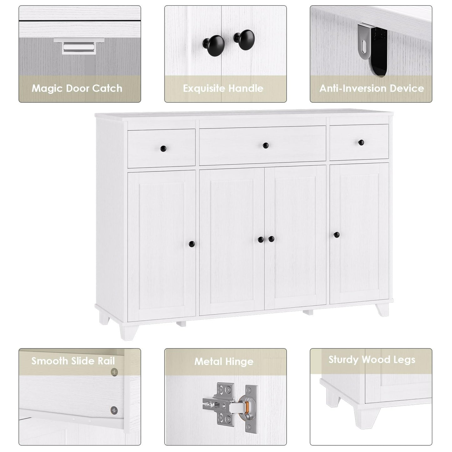 47" White Buffet Cabinet with 3 Drawers, 4 Doors, and Adjustable Shelves, Modern Coffee Bar Sideboard for Kitchen, Dining, or Living Room