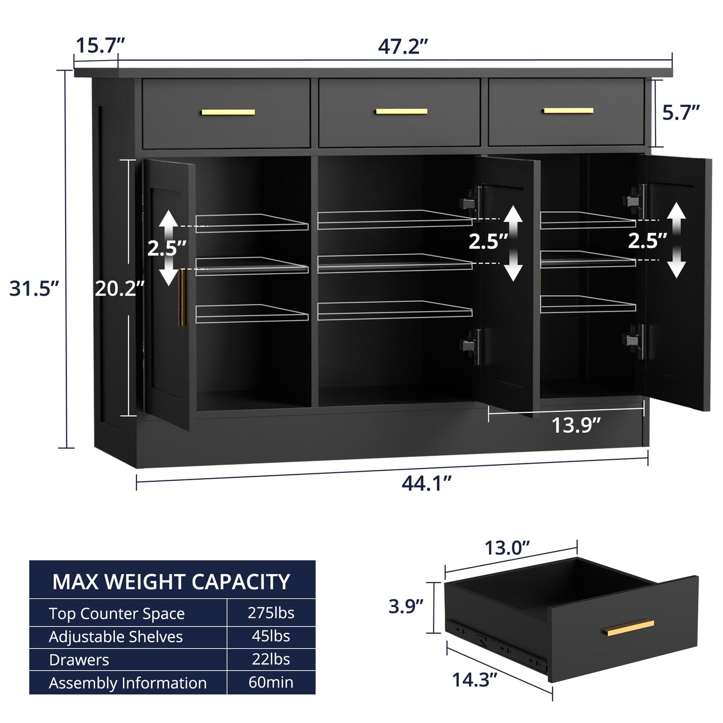 Modern Narrow Sideboard Cabinet with Marble Top, White Buffet Storage Cabinet for Kitchen or Living Room